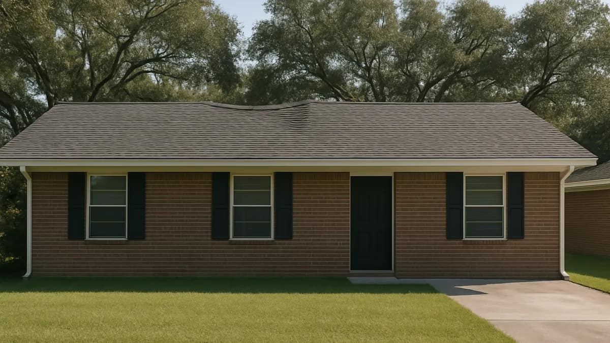 A brick ranch house whose shingle roof ridge dips visibly through the middle of the run