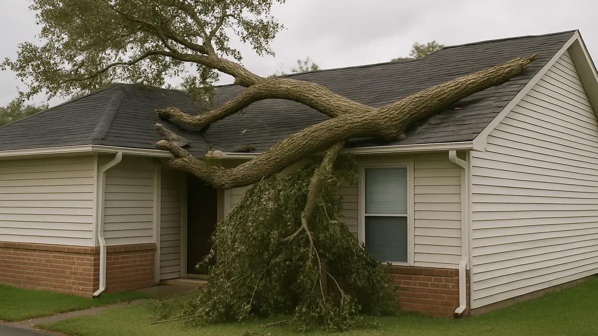 A fallen oak limb lying across the shingle roof of a single-story suburban home, branches draped over the gutter into the front yard