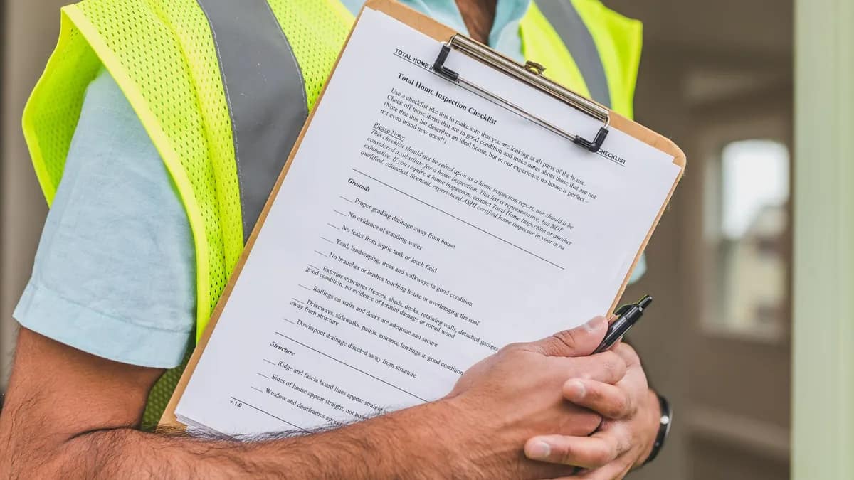 An inspector in a hi-vis vest holding a printed inspection checklist on a clipboard