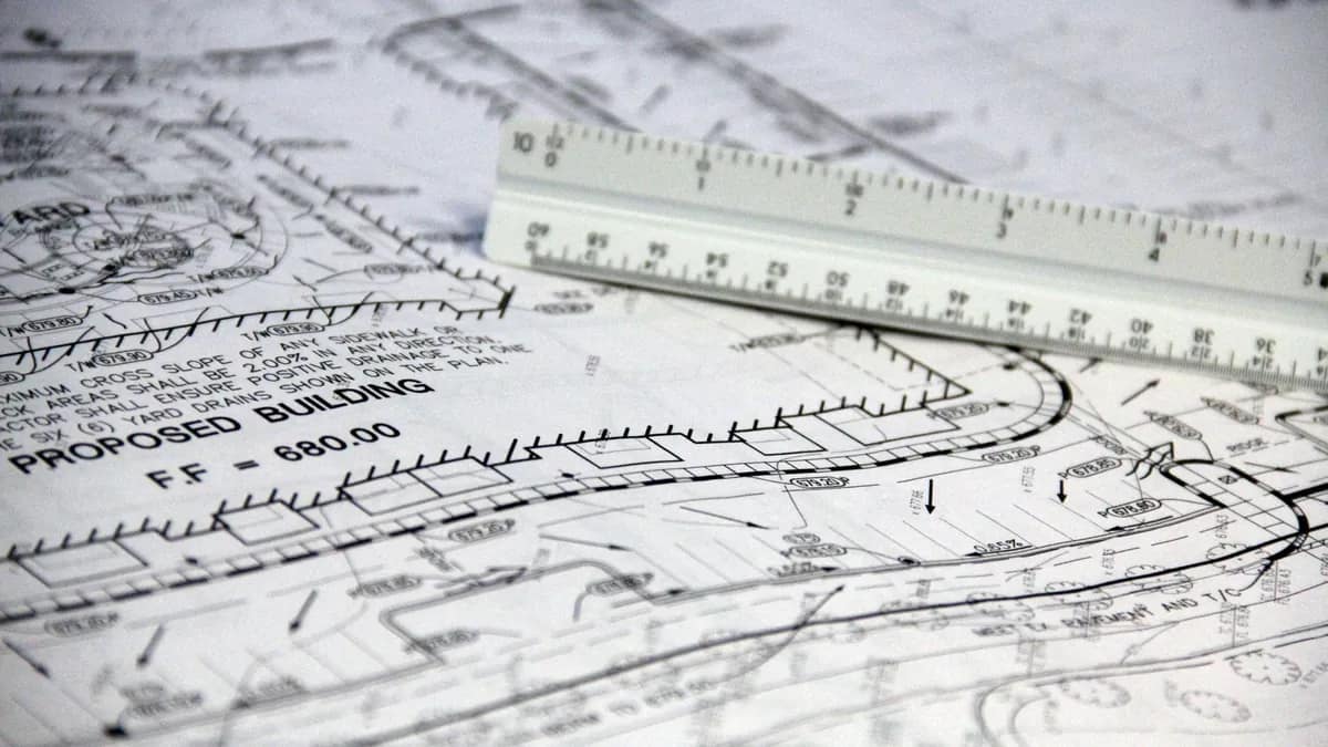A proposed-building plan sheet with a scale ruler laid across the drawing
