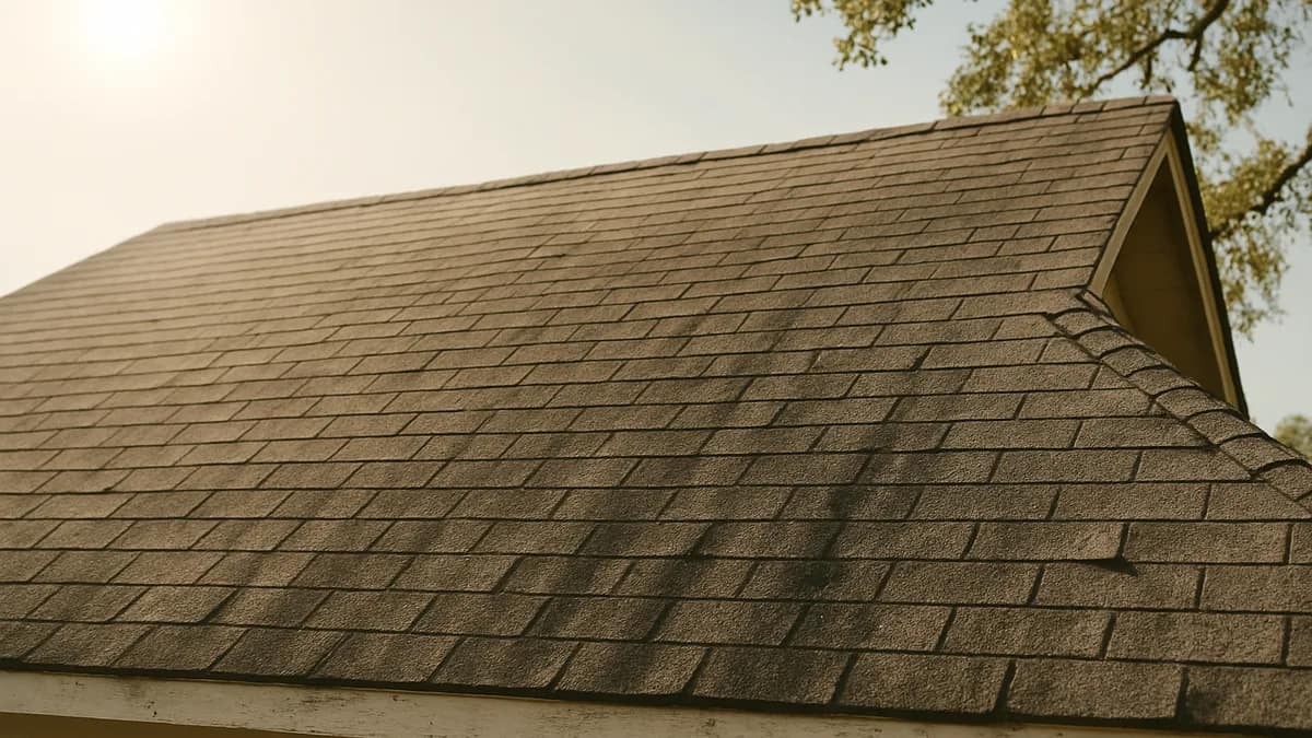 Sun-worn asphalt shingles with thinning granules and dark algae streaks running down the slope