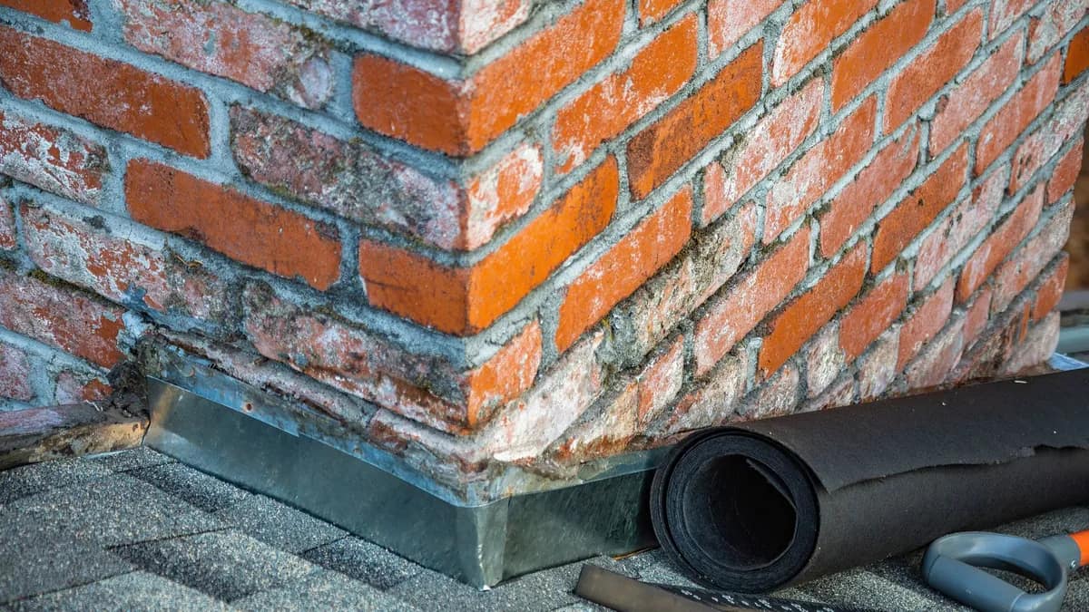 Metal flashing tucked in where a shingle roof meets a brick wall, a roll of underlayment beside it