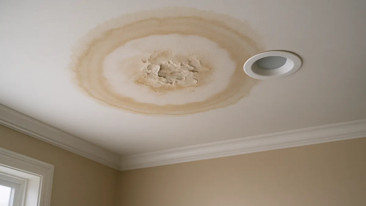 A brown-ringed water stain spreading across a painted interior ceiling beside a recessed light